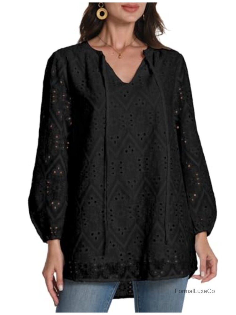 Lace Embroidered V-Neck Long Sleeve Tunic Blouse, Lightweight